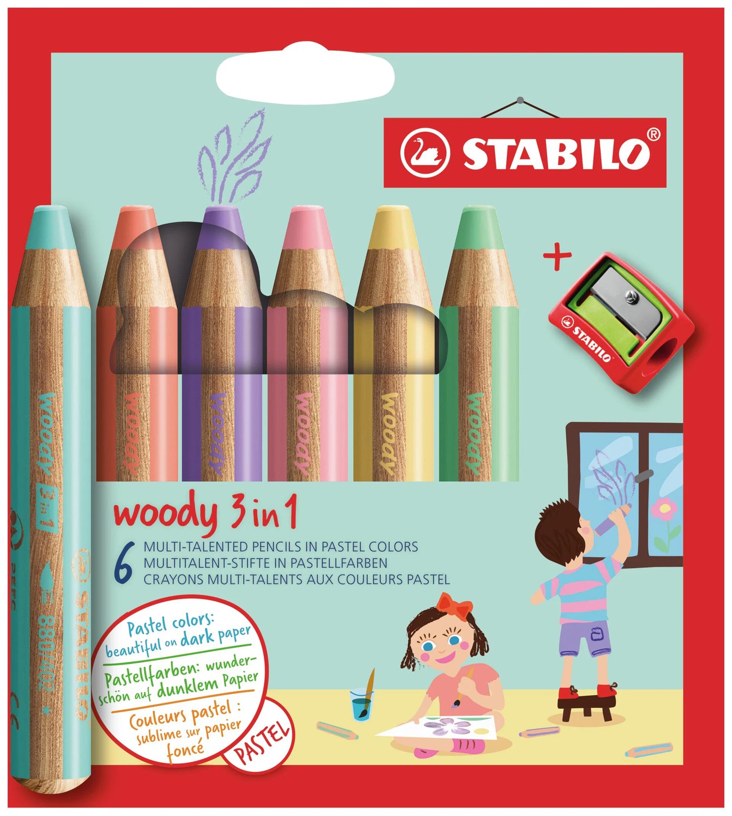WOODY Crayons 3-en-1 - Etui de 6 crayons + 1 taille-crayons