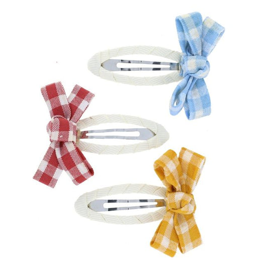 Lot 3 barrettes noeuds vichy jaune rouge bleu