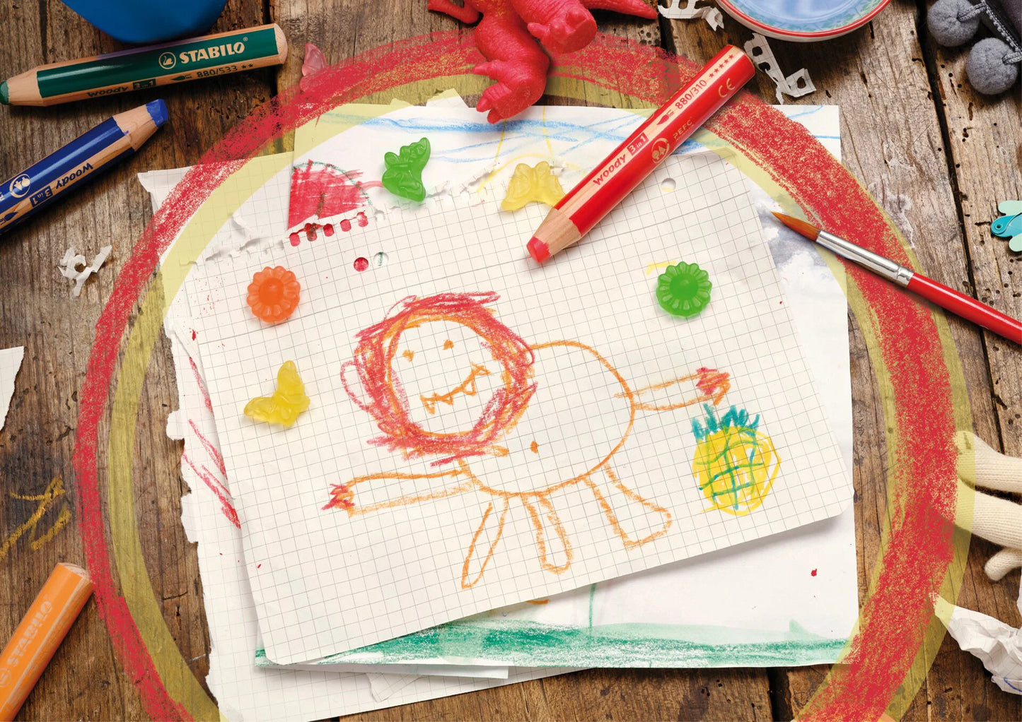 WOODY Crayons 3-en-1 - Etui de 6 crayons + 1 taille-crayons