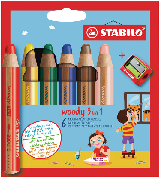 WOODY Crayons 3-en-1 - Etui de 6 crayons + 1 taille-crayons