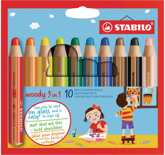 WOODY Crayons 3-en-1 - Etui de 10 crayons + 1 taille-crayons